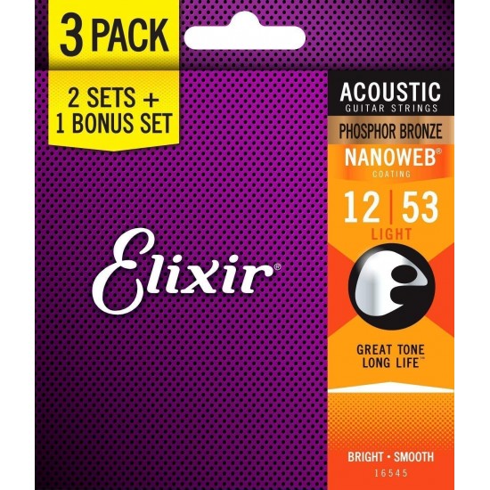 CORDAS GUITARRA ACÚSTICA ELIXIR PHOSPHOR LIGHT 3P 12/53