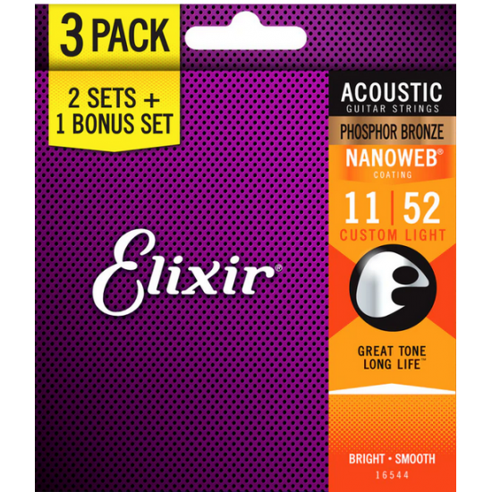 ELIXIR NANOWEB CUSTOM LIGHT ACOUSTIC 11/52 3PACK ELIXIR NANOWEB CUSTOM LIGHT ACOUSTIC 11/52 3PACK